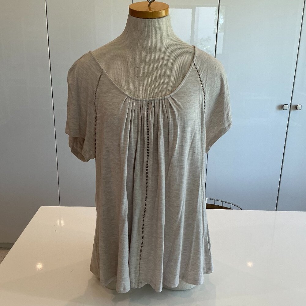 Rose & Olive, Blouse with Open Hem Stitch Detail, Oatmeal, Size XL